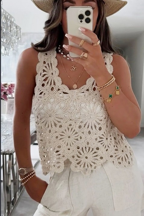 Pleteni ženski top s cvjetnim detaljima u retro stilu JELIRA BEIGE, Boja: bež, IVET.HR - MODERNA ODJEĆA