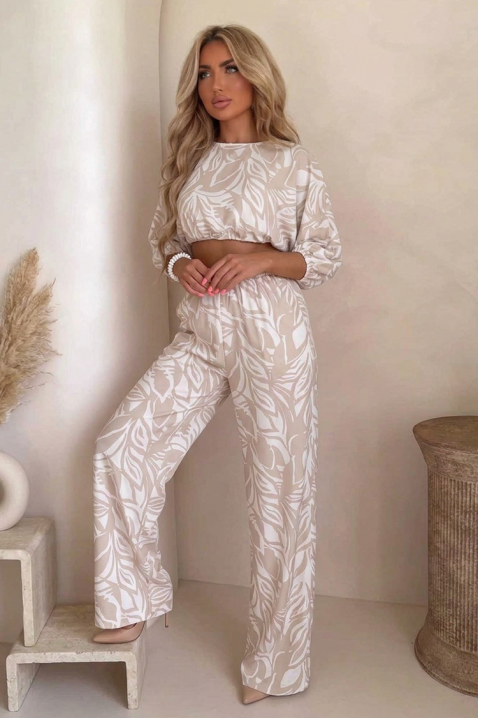 Ženski set s kratkim topom i širokim hlačama u umjetničkom cvjetnom uzorku EMELIANA BEIGE, Boja: bež, IVET.HR - MODERNA ODJEĆA