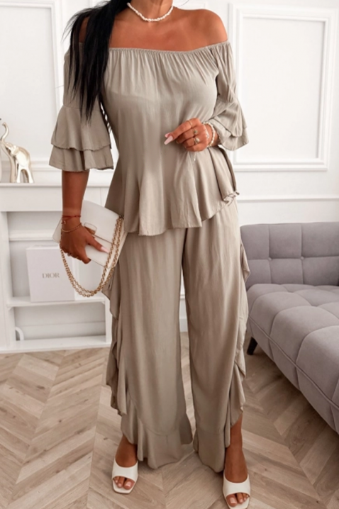 Ležeran ženski set bluze s otvorenim ramenima i širokih hlača s volanima VALIRENA BEIGE, Boja: bež, IVET.HR - MODERNA ODJEĆA