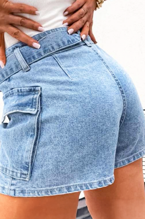 Ženske traper kratke hlače s dekorativnim remenom i cargo džepovima KALEDIANA, Boja: denim, IVET.HR - MODERNA ODJEĆA