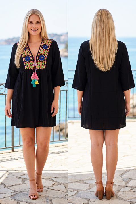 Boho tunika-haljina s etno vezom i šarenim resicama FIORAVELA BLACK, Boja: crna, IVET.HR - MODERNA ODJEĆA