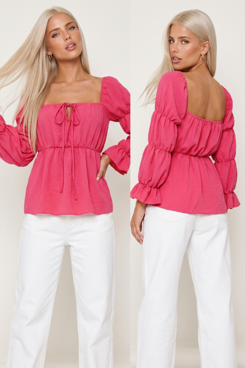 Ženska bluza s bouffant rukavima, kvadratnim izrezom i vezicama ROSAVIA PINK, Boja: roza, IVET.HR - MODERNA ODJEĆA