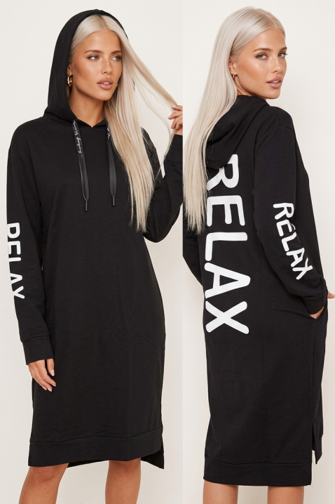 Midi haljina sweatshirt kroja s kapuljačom i upečatljivim grafičkim natpisom RELAXINA BLACK, Boja: crna, IVET.HR - MODERNA ODJEĆA