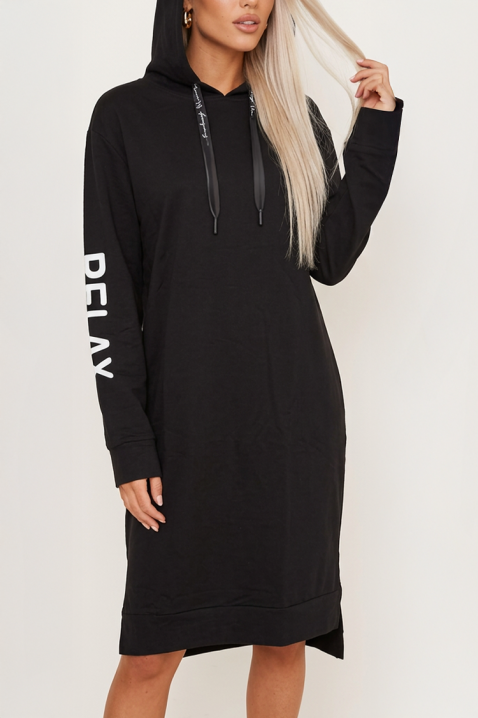 Midi haljina sweatshirt kroja s kapuljačom i upečatljivim grafičkim natpisom RELAXINA BLACK, Boja: crna, IVET.HR - MODERNA ODJEĆA