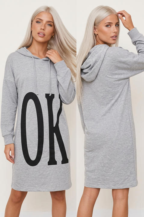 Midi haljina u stilu sweatshirt-a s kapuljačom i efektim grafičkim natpisom MIXENA GREY, Boja: svjetlosiva, IVET.HR - MODERNA ODJEĆA