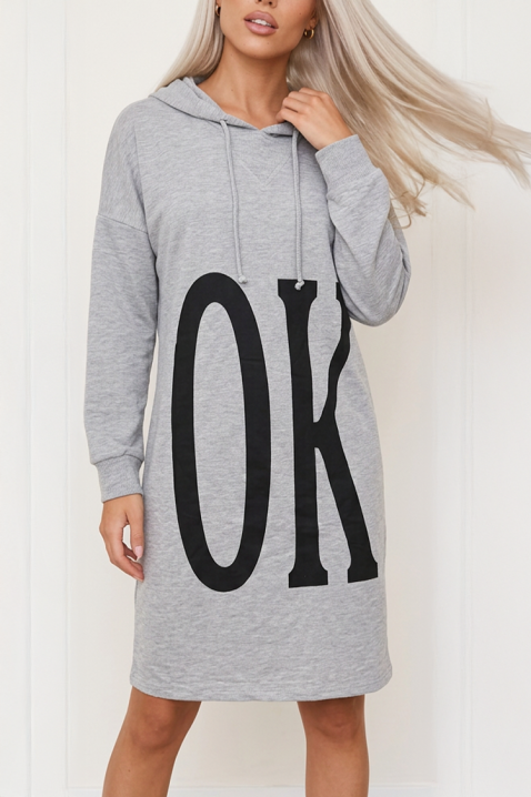 Midi haljina u stilu sweatshirt-a s kapuljačom i efektim grafičkim natpisom MIXENA GREY, Boja: svjetlosiva, IVET.HR - MODERNA ODJEĆA