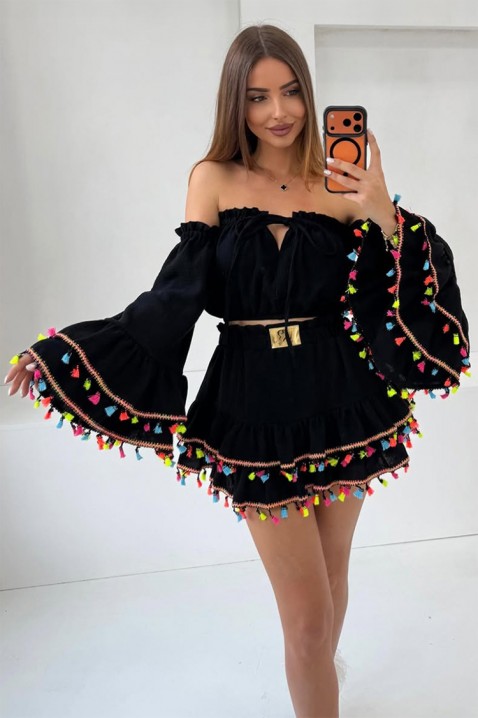 Ženski boho set s cropped topom s naglašenim rukavima i mini suknjom s resama FIESTIA BLACK, Boja: crna, IVET.HR - MODERNA ODJEĆA