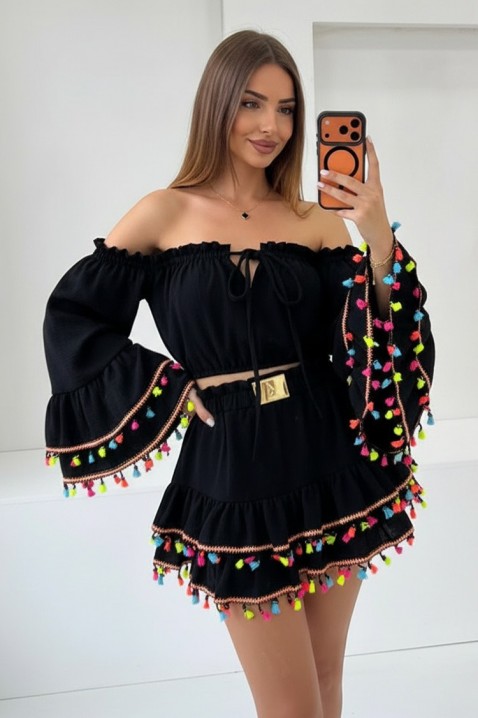 Ženski boho set s cropped topom s naglašenim rukavima i mini suknjom s resama FIESTIA BLACK, Boja: crna, IVET.HR - MODERNA ODJEĆA
