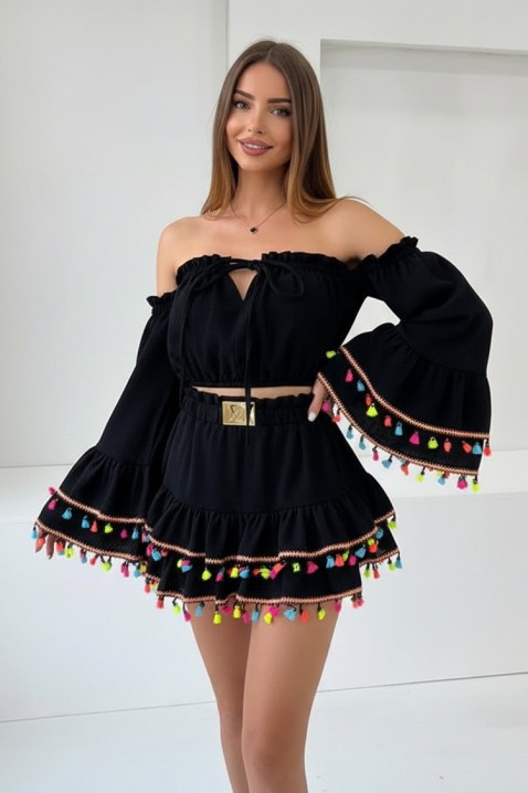 Ženski boho set s cropped topom s naglašenim rukavima i mini suknjom s resama FIESTIA BLACK, Boja: crna, IVET.HR - MODERNA ODJEĆA