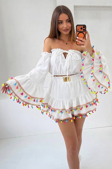 Ženski boho set s kratkim topom s upečatljivim rukavima i mini suknjom s resicama FIESTIA WHITE, Boja: bijela, IVET.HR - MODERNA ODJEĆA