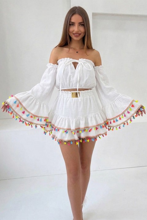 Ženski boho set s kratkim topom s upečatljivim rukavima i mini suknjom s resicama FIESTIA WHITE, Boja: bijela, IVET.HR - MODERNA ODJEĆA