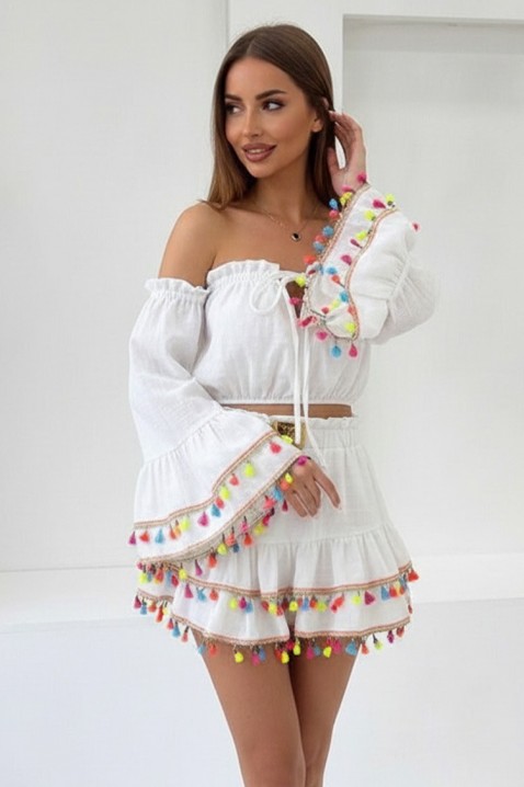 Ženski boho set s kratkim topom s upečatljivim rukavima i mini suknjom s resicama FIESTIA WHITE, Boja: bijela, IVET.HR - MODERNA ODJEĆA