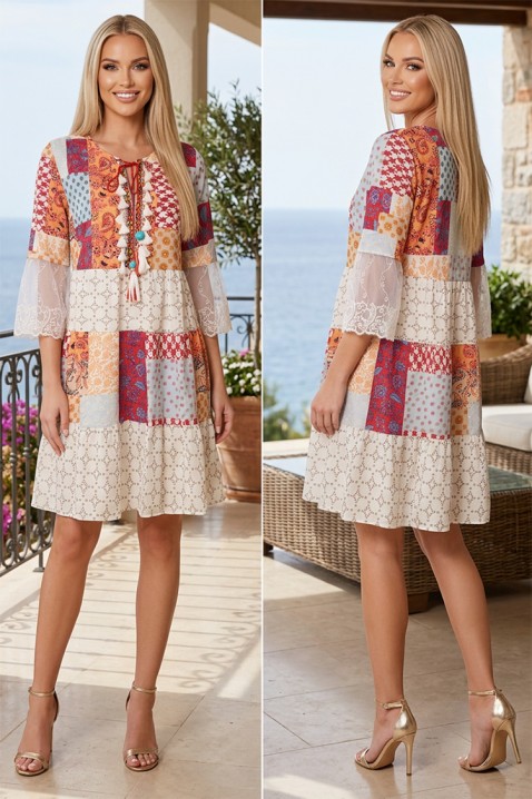 Slobodna boho kratka haljina s patchwork printom i čipkastim rukavima FANTAVELA ECRU, Boja: višebojna, IVET.HR - MODERNA ODJEĆA