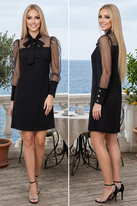 Izrazito kratka haljina s elegantnom mašnom i prozirnim rukavima NERAVELIA BLACK, Boja: crna, IVET.HR - MODERNA ODJEĆA