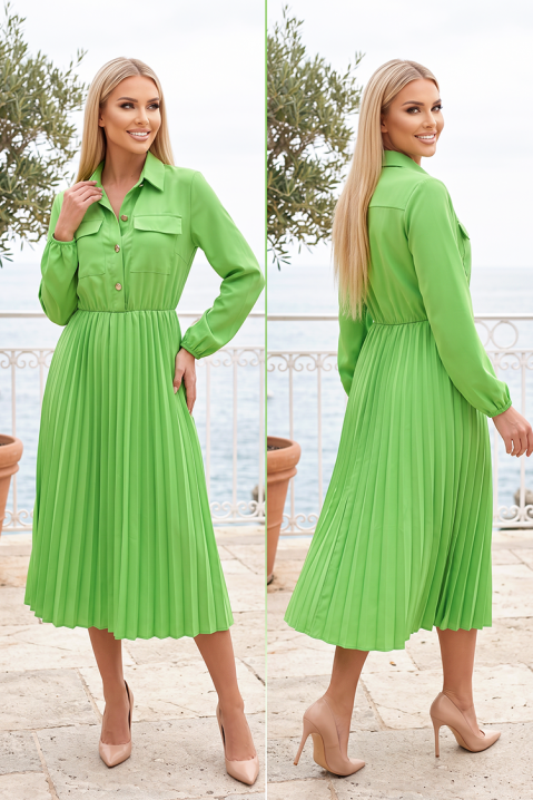 Elegantna midi košulja-haljina s plisiranom suknjom i naglašenim strukom SAVENORA GREEN, Boja: zelena, IVET.HR - MODERNA ODJEĆA