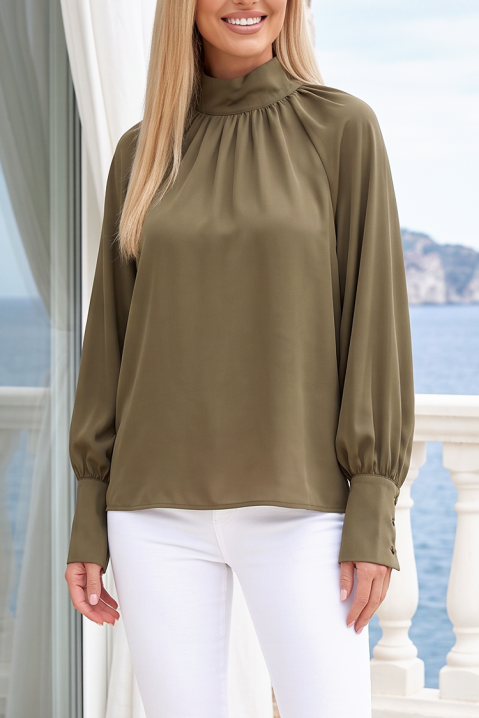 Stilna ženska bluza s visokom ovratnikom i dugim rukavima sa širokim manžetama SERFOLIA KHAKI, Boja: kaki, IVET.HR - MODERNA ODJEĆA