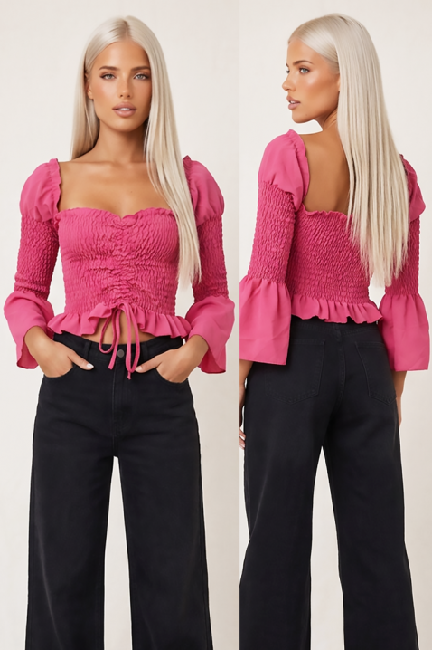 Koketna kratka ženska bluza s naboranim efektom i raskošnim rukavima ZEFIRAVIA PINK, Boja: roza, IVET.HR - MODERNA ODJEĆA