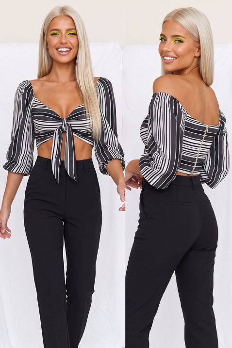 Ženski cropped top na pruge s vezicama i puf rukavima KAVENA BLACK, Boja: crna i bijela, IVET.HR - MODERNA ODJEĆA