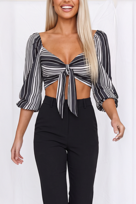 Ženski cropped top na pruge s vezicama i puf rukavima KAVENA BLACK, Boja: crna i bijela, IVET.HR - MODERNA ODJEĆA