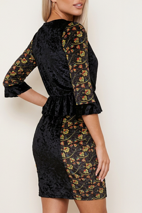 Baršunasta mini haljina s cvjetnim panelima i peplum motivom ATILERA BLACK, Boja: crna, IVET.HR - MODERNA ODJEĆA