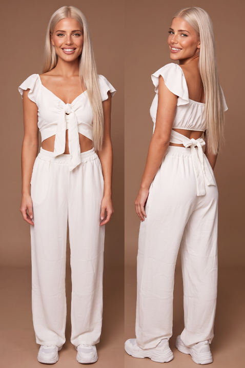Ljetni ženski set od dva dijela široke hlače i crop top s vezicama SVENSELA WHITE, Boja: bijela, IVET.HR - MODERNA ODJEĆA