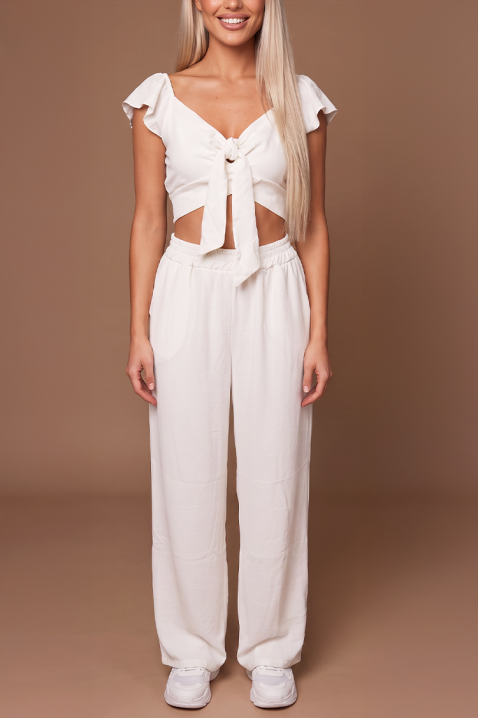 Ljetni ženski set od dva dijela široke hlače i crop top s vezicama SVENSELA WHITE, Boja: bijela, IVET.HR - MODERNA ODJEĆA