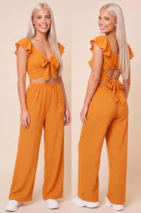 Ljetni ženski set od dva dijela široke hlače i crop top s vezicama SVENSELA ORANGE, Boja: narančasta, IVET.HR - MODERNA ODJEĆA