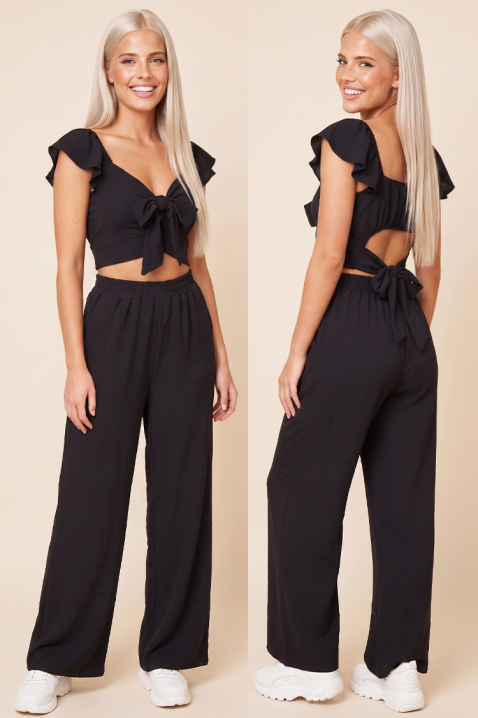 Ljetni ženski set od dva dijela široke hlače i crop top s vezicama SVENSELA BLACK, Boja: crna, IVET.HR - MODERNA ODJEĆA