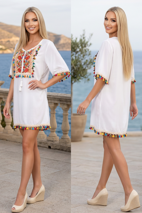 Boho tunika haljina s etno vezom i šarenim resicama EROSALIA WHITE, Boja: bijela, IVET.HR - MODERNA ODJEĆA