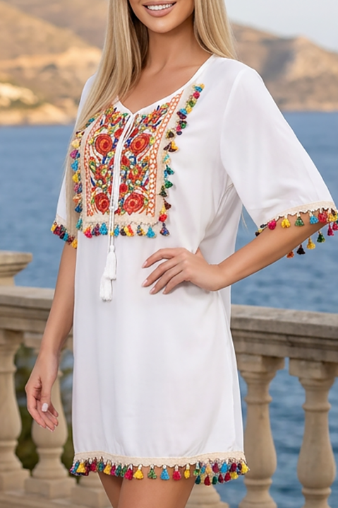Boho tunika haljina s etno vezom i šarenim resicama EROSALIA WHITE, Boja: bijela, IVET.HR - MODERNA ODJEĆA