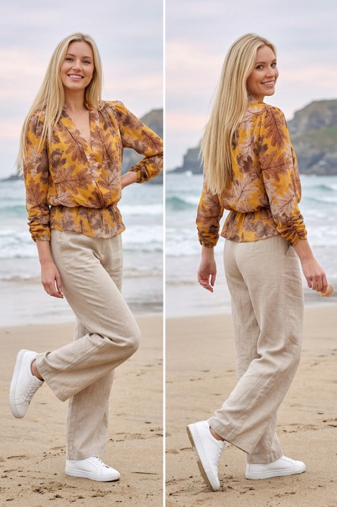 Bluza s preklopljenim V-izrezom i jesenskim printom AURELIZA MUSTARD, Boja: senf, IVET.HR - MODERNA ODJEĆA