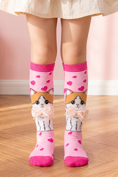 Dječje čarapice s 3D printom mačića s mekanom mašnom KITTY LOVE, Boja: roza, IVET.HR - MODERNA ODJEĆA