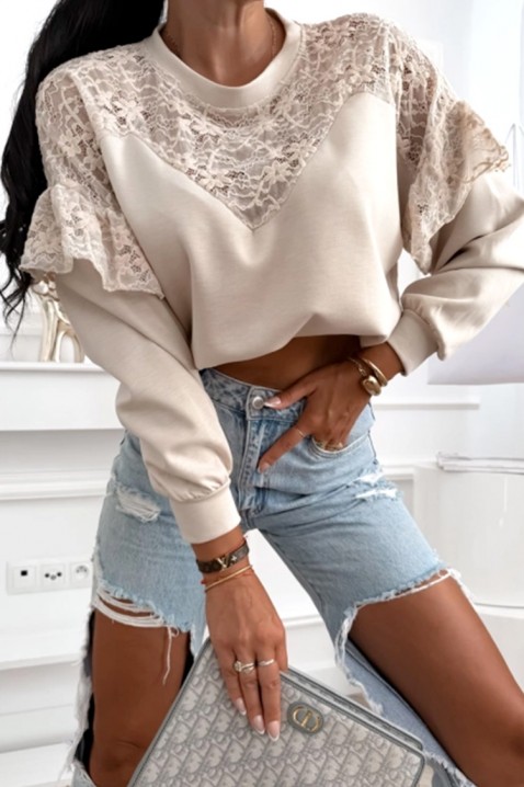 Ženska bluza s čipkom i efektim rukavima ELARIETA BEIGE, Boja: bež, IVET.HR - MODERNA ODJEĆA
