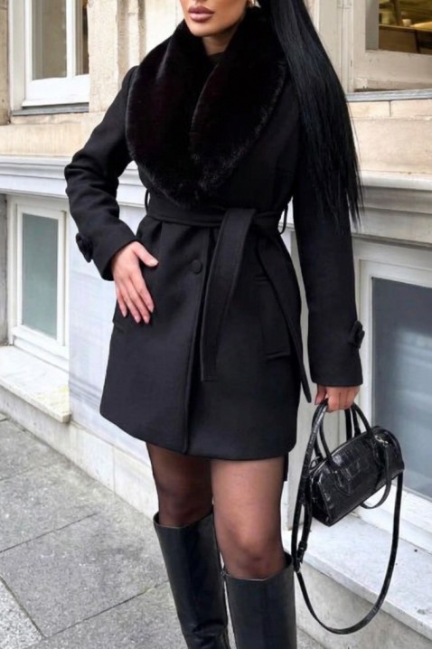 Elegantni ženski kaput wrap kroja s pahuljastim ovratnikom DOLNEVA BLACK, Boja: crna, IVET.HR - MODERNA ODJEĆA