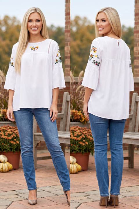 Prozračna bluza s cvjetnim akcentima i razkrojenim rukavima LUSARIE WHITE, Boja: bijela, IVET.HR - MODERNA ODJEĆA