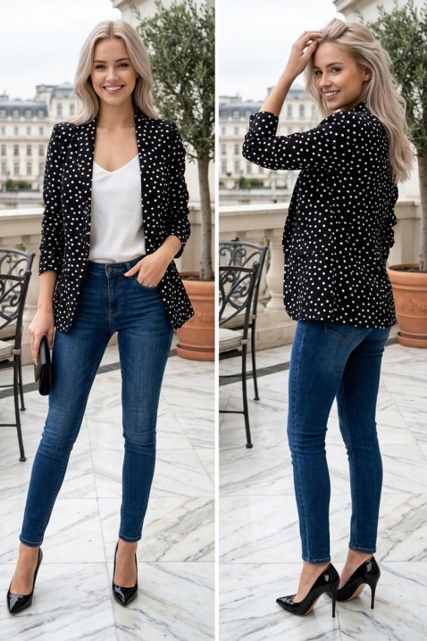 Sportsko-elegantni ženski sako na točkice s nabranim rukavima bez kopčanja ZALONSIA BLACK, Boja: crna, IVET.HR - MODERNA ODJEĆA