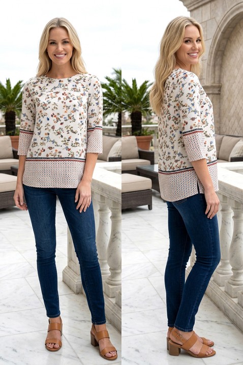 Elegantna ženska bluza s 3/4 rukavima i cvjetnim uzorkom ZORTENA WHITE, Boja: bijela, IVET.HR - MODERNA ODJEĆA