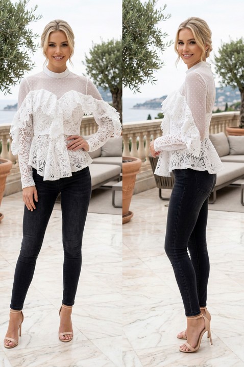 Elegantna čipkasta bluza s prozirnim gornjim dijelom i volanima LUCIVELA WHITE, Boja: bijela, IVET.HR - MODERNA ODJEĆA