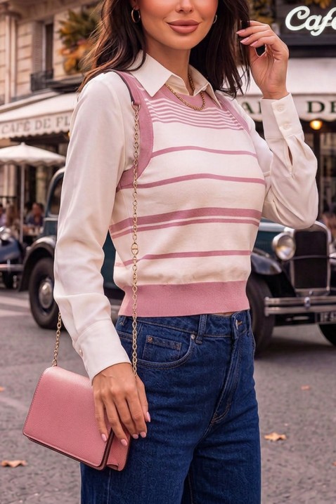 Ženski pleteni top na pruge sa širokim rubom PANESIA PINK, Boja: roza, IVET.HR - MODERNA ODJEĆA