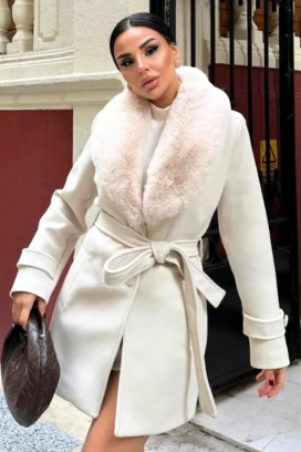 elegantni ženski wrap kaput s pahuljastim ovratnikom DOLNEVA ECRU