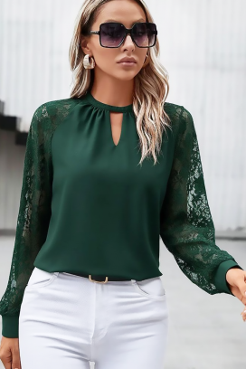 elegantna ženska bluza s čipkastim rukavima i visokom ovratnikom BRENDOLZA GREEN