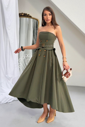 elegantna duga asimetrična haljina s efektom korzeta FLORENTIA KHAKI