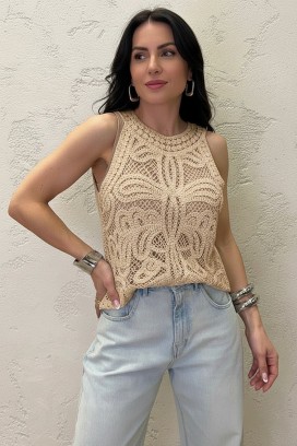 top bez rukava s cvjetnim pletivom u boho stilu VAMZERA BEIGE