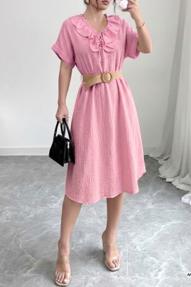 prozračna midi haljina s volanima i spektakularnim ovratnikom VIREMORA PINK