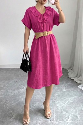 prozračna midi haljina s volanima i spektakularnim ovratnikom VIREMORA FUCHSIA