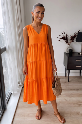 prozračna ženska midi ljetna haljina s V-izrezom VELRINA ORANGE
