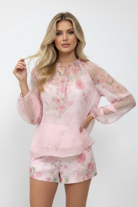 ženski set bluze i kratkih hlača s nježnim cvjetnim printom LORIAVA PINK