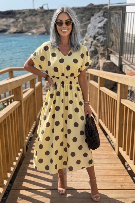 elegantna haljina s velikim točkicama i definiranim strukom ESMERIZA YELLOW