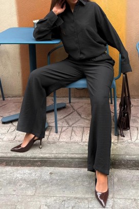 dnevni ženski set s ležernom košuljom i širokim hlačama KYLARELA BLACK