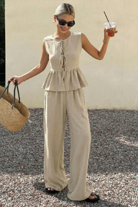 dnevni ženski set s širokim hlačama i peplum linijom NOVENTA BEIGE